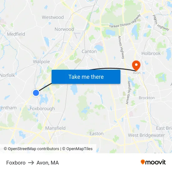 Foxboro to Avon, MA map
