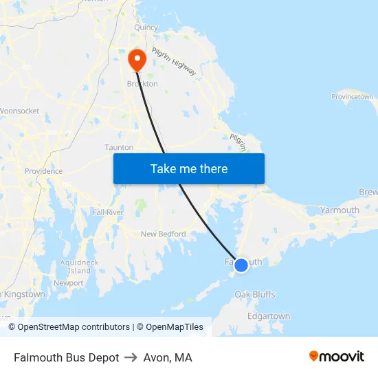 Falmouth Bus Depot to Avon, MA map