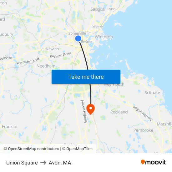 Union Square to Avon, MA map