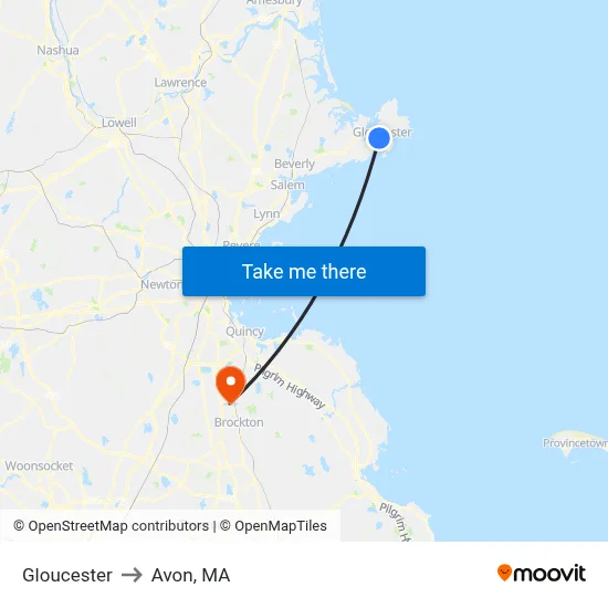 Gloucester to Avon, MA map