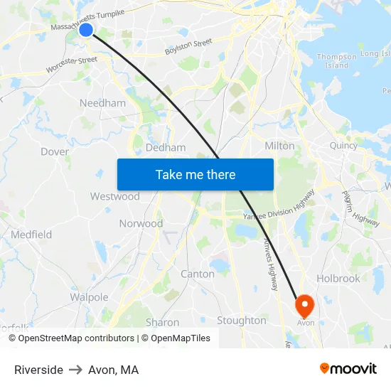 Riverside to Avon, MA map