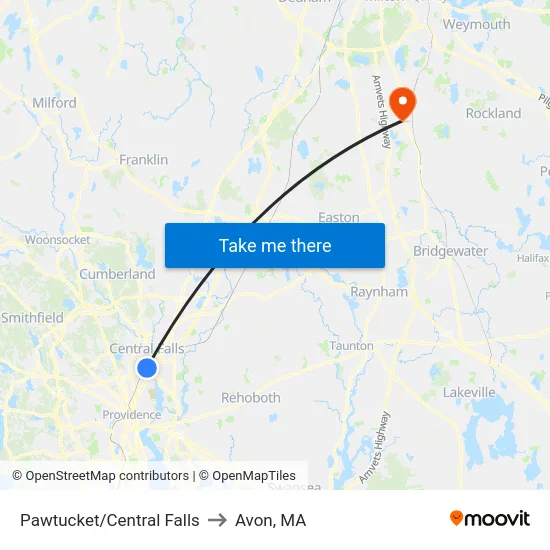 Pawtucket/Central Falls to Avon, MA map