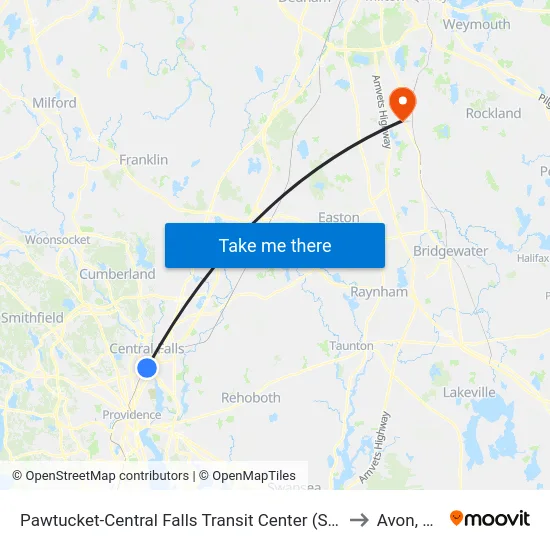 Pawtucket-Central Falls Transit Center (Stop B) to Avon, MA map