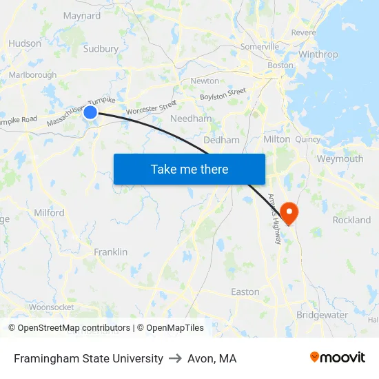 Framingham State University to Avon, MA map
