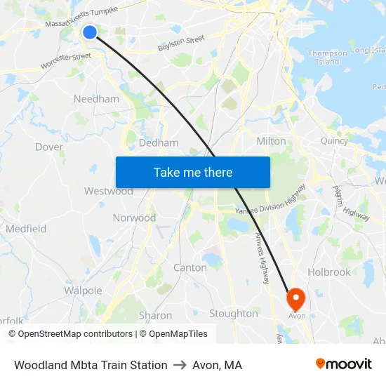 Woodland Mbta Train Station to Avon, MA map