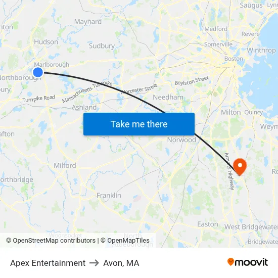 Apex Entertainment to Avon, MA map