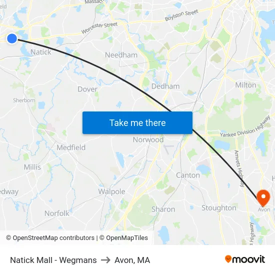 Natick Mall - Wegmans to Avon, MA map