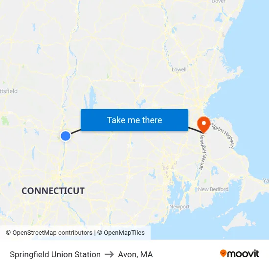 Springfield Union Station to Avon, MA map