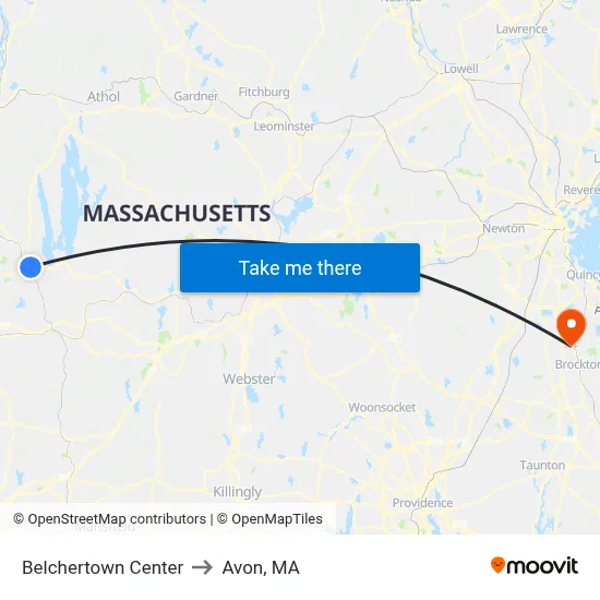 Belchertown Center to Avon, MA map