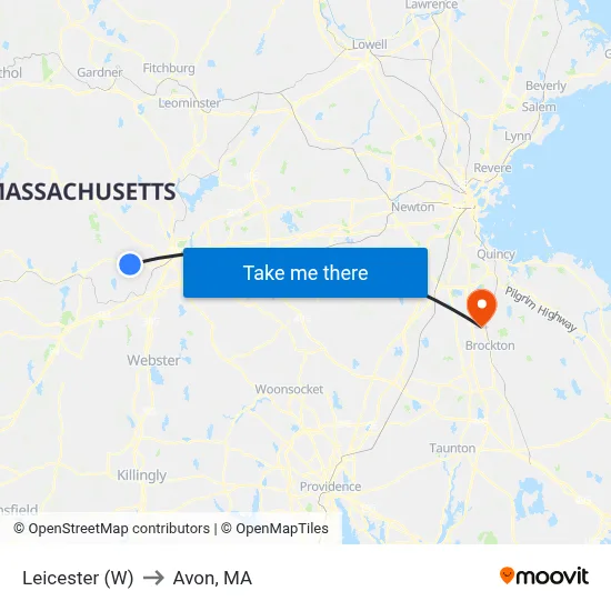Leicester (W) to Avon, MA map