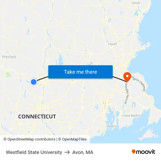 Westfield State University to Avon, MA map