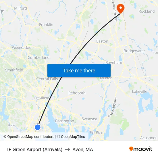 TF Green Airport (Arrivals) to Avon, MA map