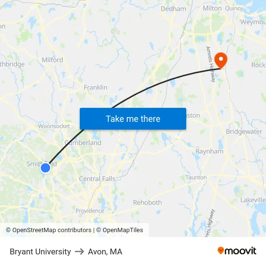 Bryant University to Avon, MA map