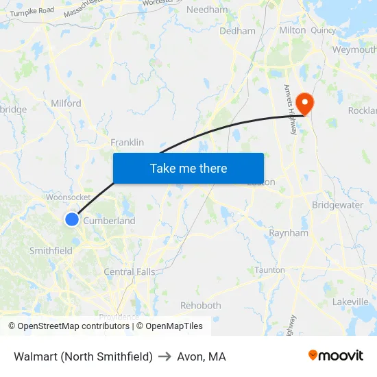 Walmart (North Smithfield) to Avon, MA map
