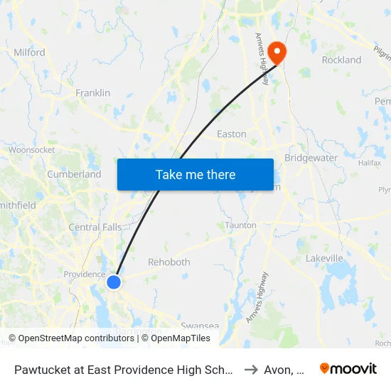 Pawtucket at East Providence High School to Avon, MA map