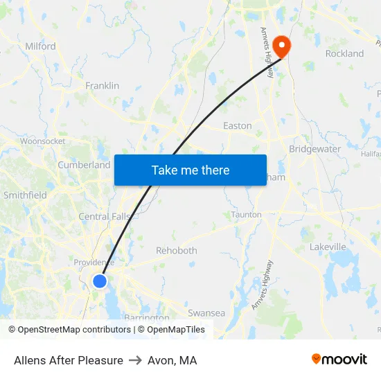 Allens After Pleasure to Avon, MA map