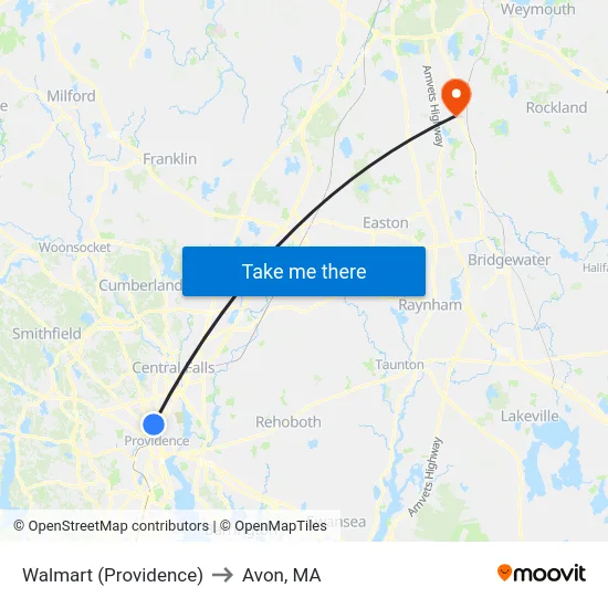 Walmart (Providence) to Avon, MA map
