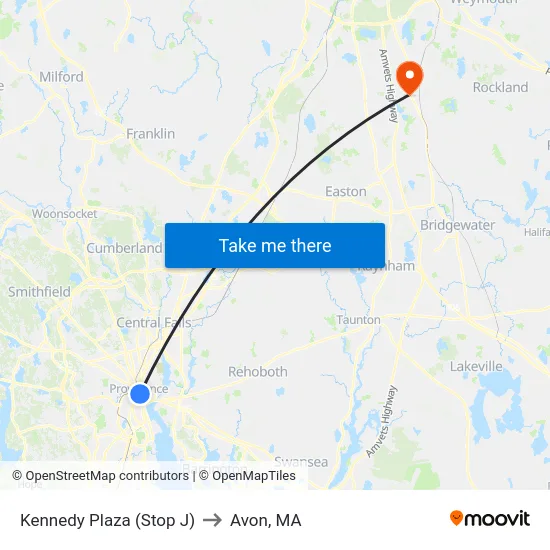Kennedy Plaza (Stop J) to Avon, MA map