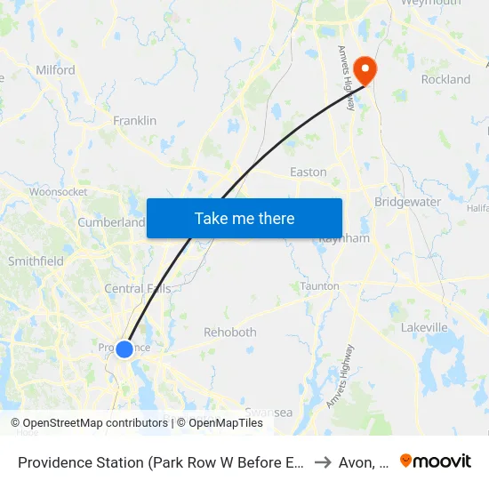 Providence Station (Park Row W Before Exchange) to Avon, MA map