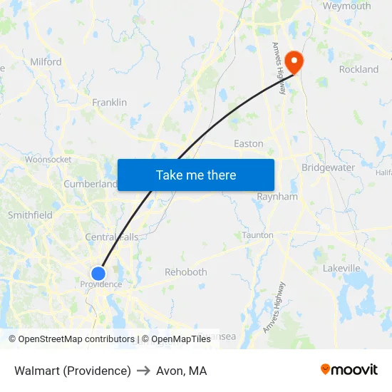 Walmart (Providence) to Avon, MA map