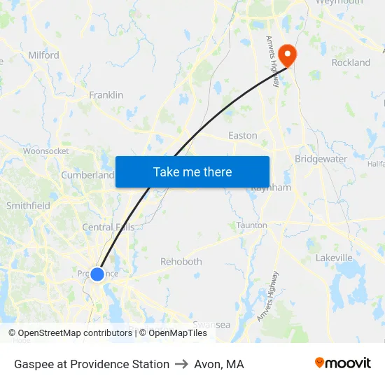 Gaspee at Providence Station to Avon, MA map