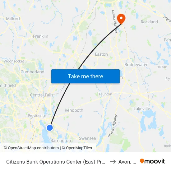 Citizens Bank Operations Center (East Providence) to Avon, MA map