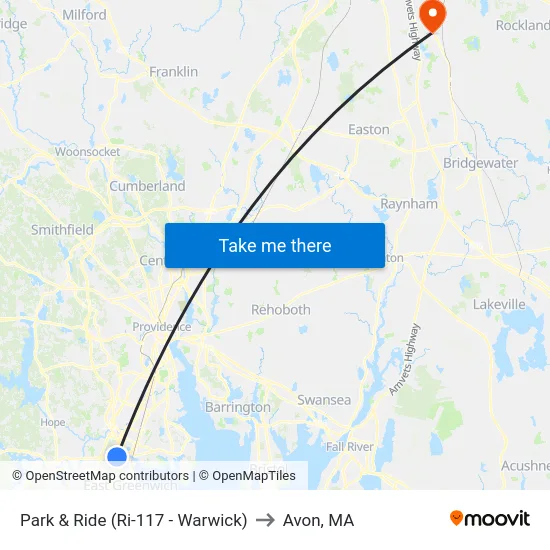 Park & Ride (Ri-117 - Warwick) to Avon, MA map