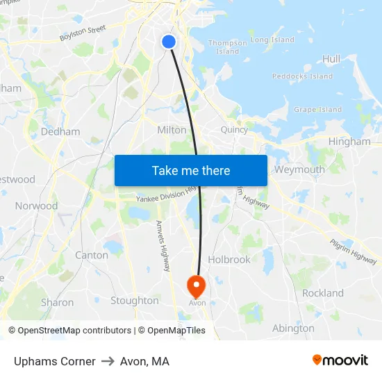 Uphams Corner to Avon, MA map