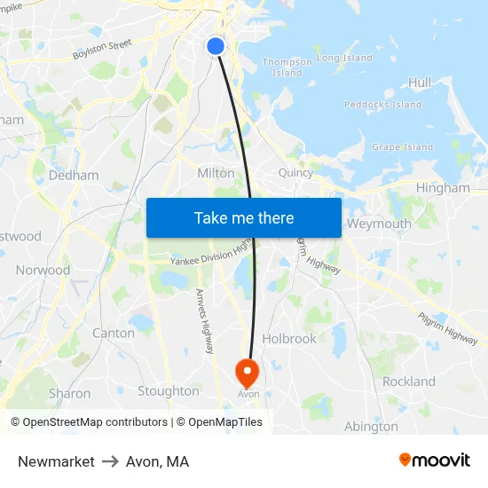 Newmarket to Avon, MA map