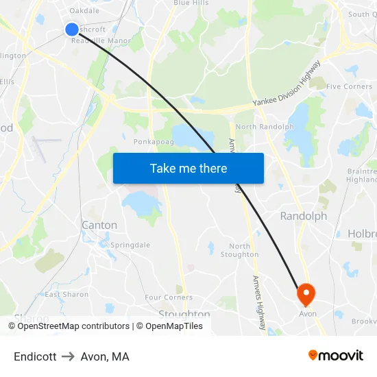 Endicott to Avon, MA map