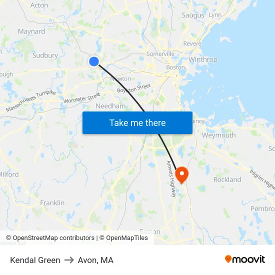 Kendal Green to Avon, MA map