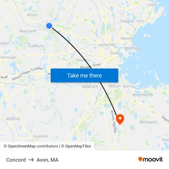 Concord to Avon, MA map