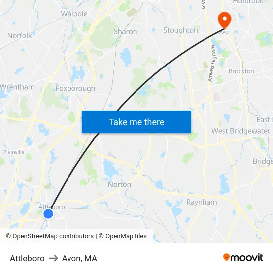Attleboro to Avon, MA map