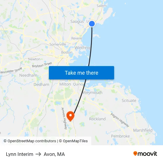 Lynn Interim to Avon, MA map