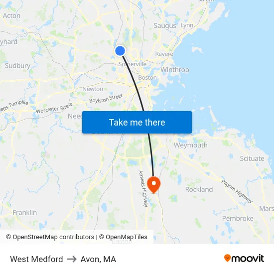 West Medford to Avon, MA map