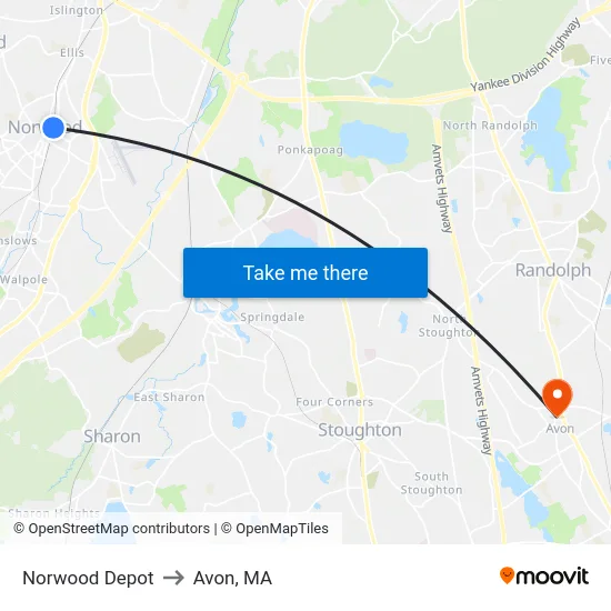 Norwood Depot to Avon, MA map