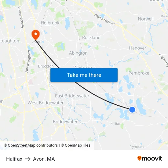 Halifax to Avon, MA map