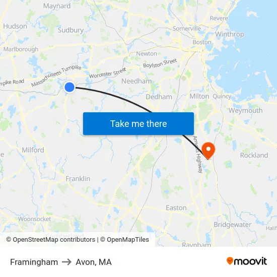 Framingham to Avon, MA map