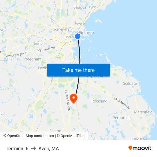 Terminal E to Avon, MA map