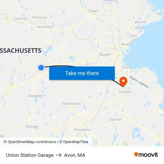 Union Station Garage to Avon, MA map