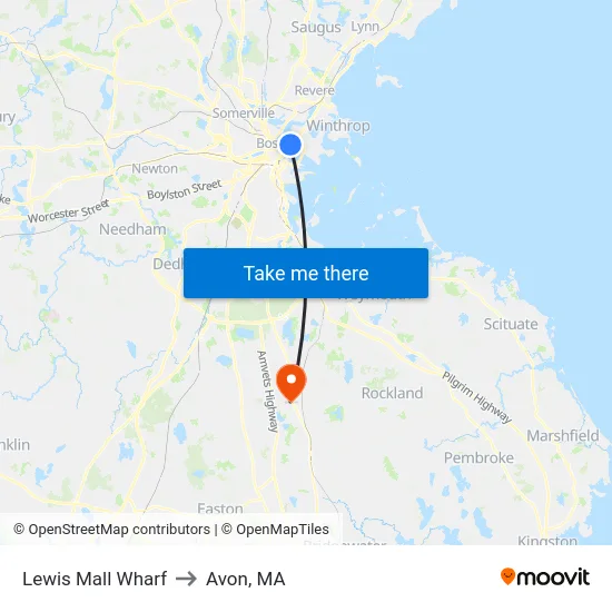 Lewis Mall Wharf to Avon, MA map