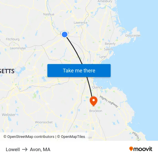 Lowell to Avon, MA map