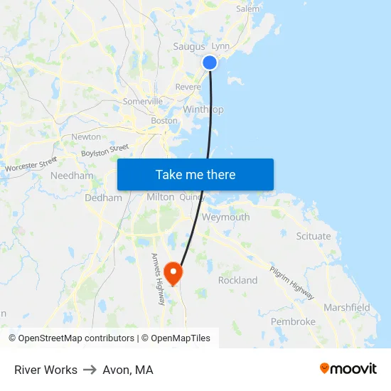 River Works to Avon, MA map