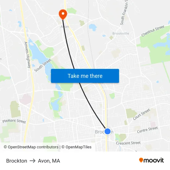 Brockton to Avon, MA map