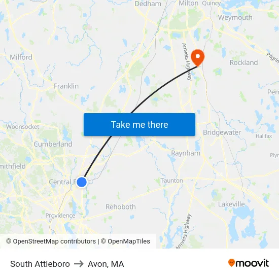 South Attleboro to Avon, MA map