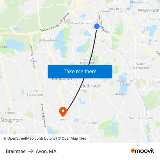 Braintree to Avon, MA map
