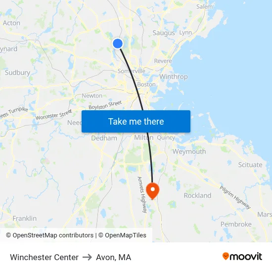 Winchester Center to Avon, MA map