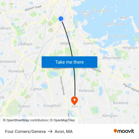 Four Corners/Geneva to Avon, MA map