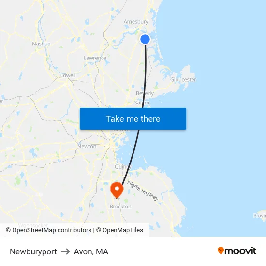 Newburyport to Avon, MA map