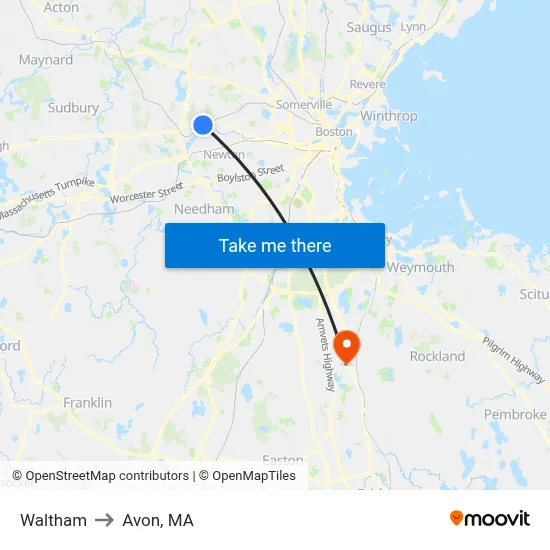 Waltham to Avon, MA map